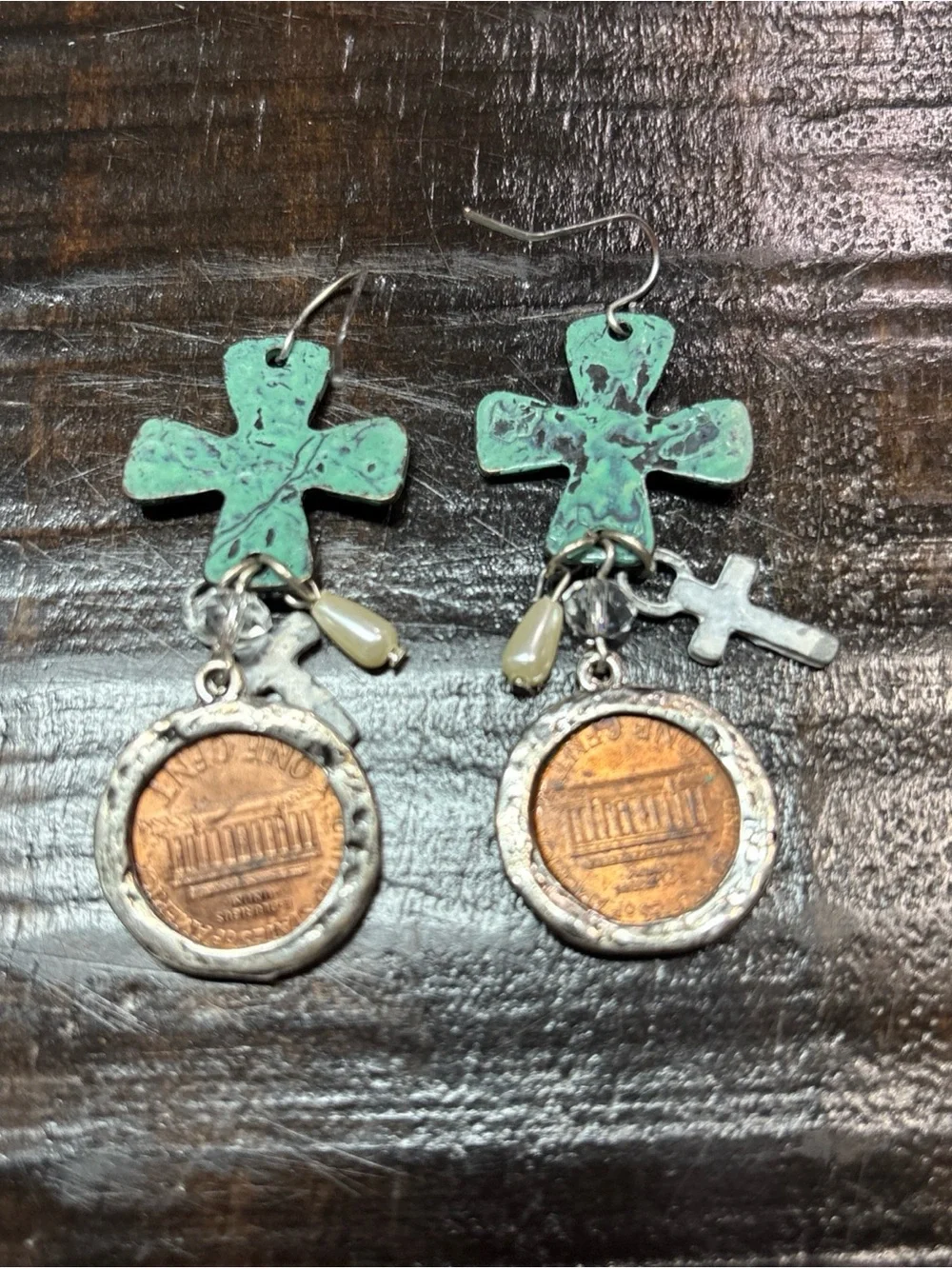 Handmade Green Cross and Penny Drop Earrings - Women Jewelry
